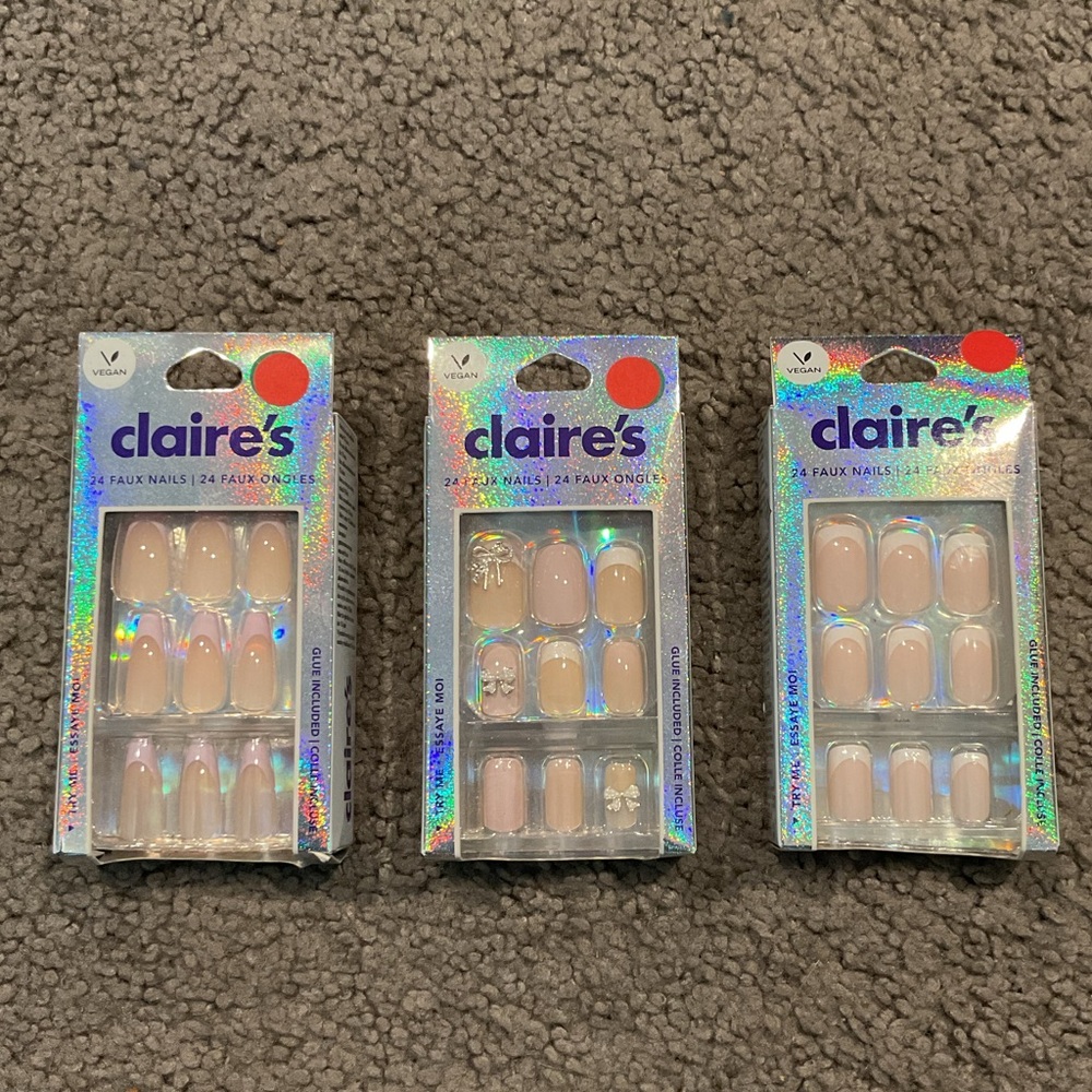 NWT Claire's Faux Nails French Manicure Set All Different, Bow Gem Y2K Lot of 3
